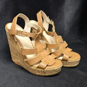 Tan Faux Leather Corkscrew Wedge Heel Adjustable Side Strap Heeled Sandals